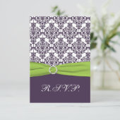 ライムグリーンとパープルのダマスク返信カード - 小 出欠カード (スタンド正面)