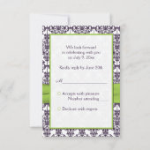 ライムグリーンとパープルのダマスク返信カード - 小 出欠カード (裏面)