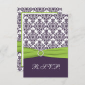 ライムグリーンとパープルのダマスク返信カード - 小 出欠カード (正面/裏面)