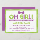 ライムグリーンとパープルの水玉模様のオールガールベビーシャワー 招待状 (正面/裏面)