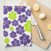 ライムグリーンとパープルの花柄 キッチンタオル (四つ折り)