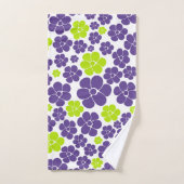 ライムグリーンとパープルの花柄 バスタオルセット (ハンドタオル)