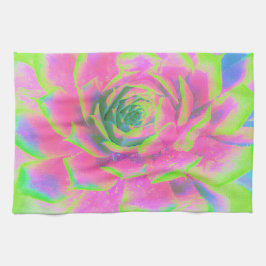 ライムグリーンとピンクの多肉性セダムロゼット キッチンタオル