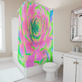 ライムグリーンとピンクの多肉性セダムロゼット シャワーカーテン