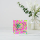ライムグリーンとピンクの多肉性セダムロゼット スクエア名刺 (スタンド正面)