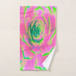 ライムグリーンとピンクの多肉性セダムロゼット ハンドタオル