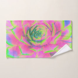ライムグリーンとピンクの多肉性セダムロゼット ハンドタオル