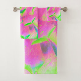 ライムグリーンとピンクの多肉性セダムロゼット バスタオルセット