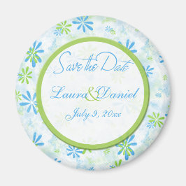 ライムグリーンとブルーのフローラ日付磁石を保存 マグネット