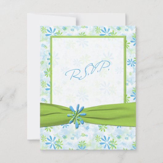 ライムグリーンとブルーのフローラ返信カード 招待状 (正面)