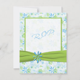 ライムグリーンとブルーの花柄返信カード 招待状