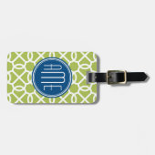 ライムグリーンとブルージオメトリックパターンモノグラム ラゲッジタグ (正面横)