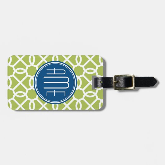 ライムグリーンとブルージオメトリックパターンモノグラム ラゲッジタグ (正面横)