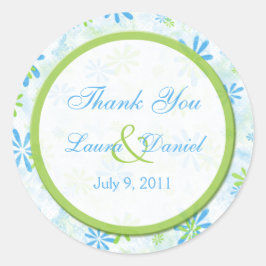 ライムグリーンとブルーフローラ1.5インチサンキューステッカー ラウンドシール