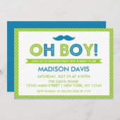 ライムグリーンとブルー水玉模様オーボーイベビーシャワー 招待状 (正面/裏面)