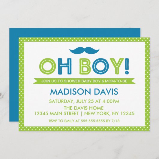 ライムグリーンとブルー水玉模様オーボーイベビーシャワー 招待状 (正面/裏面)