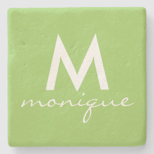 ライムグリーンとホワイトのモノグラム ストーンコースター