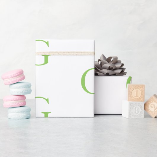 ライムグリーンとホワイトのモノグラム ラッピングペーパー (ベビーシャワー)