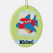 ライムグリーンとホワイトの飛行機ストライプ機 セラミックオーナメント (右)