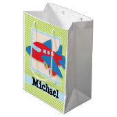 ライムグリーンとホワイトの飛行機ストライプ機 ミディアムペーパーバッグ (正面アングル)