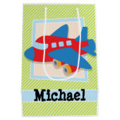 ライムグリーンとホワイトの飛行機ストライプ機 ミディアムペーパーバッグ (裏面)