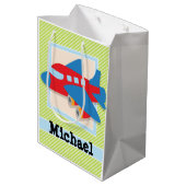 ライムグリーンとホワイトの飛行機ストライプ機 ミディアムペーパーバッグ (裏面アングル)