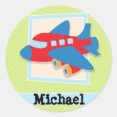 ライムグリーンとホワイトの飛行機ストライプ機 ラウンドシール (正面)
