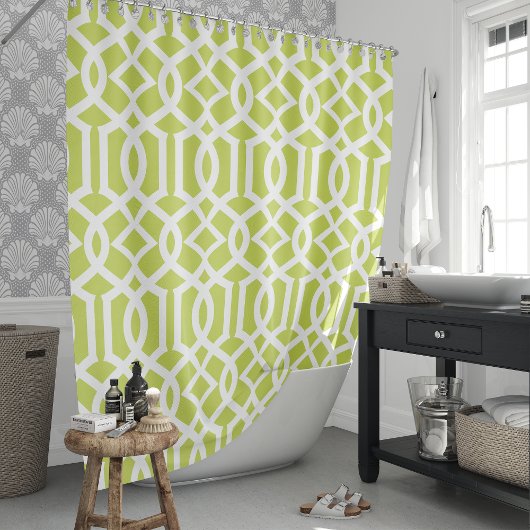 ライムグリーンとホワイトトレリス シャワーカーテン
