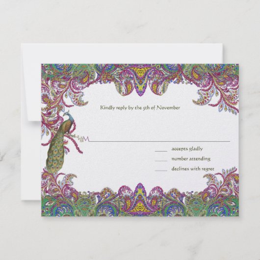 ライムグリーンとラズベリーのダマスク・ウェディング・インビテーション 出欠カード (正面)