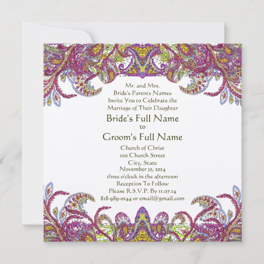 ライムグリーンとラズベリーダマスウェディング招待状 招待状 (正面)