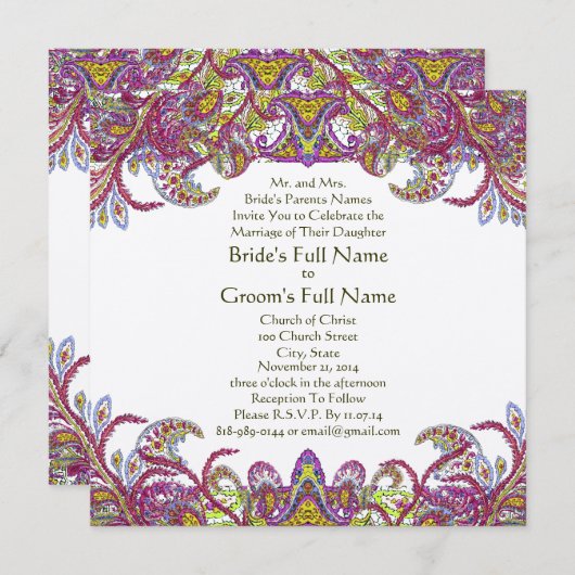 ライムグリーンとラズベリーダマスウェディング招待状 招待状 (正面/裏面)