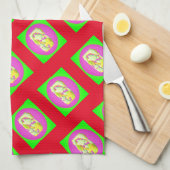 ライムグリーンと明るい紫色のパターン キッチンタオル (四つ折り)