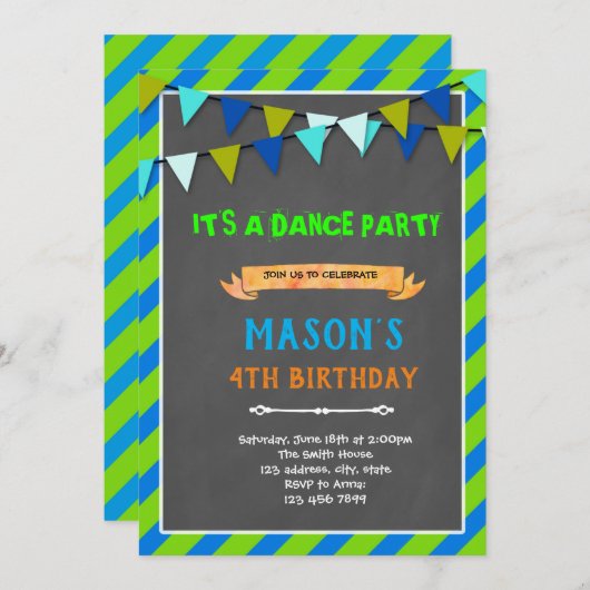 ライムグリーンと海軍の少年の誕生日 招待状 (正面/裏面)