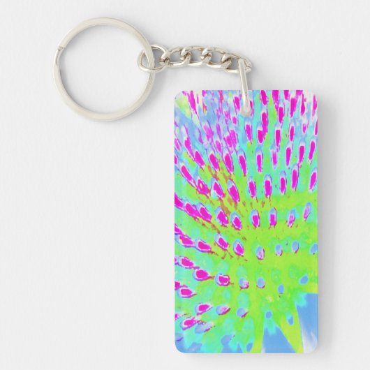 ライムグリーンと紫の抽象芸術円錐花 キーホルダー (正面)