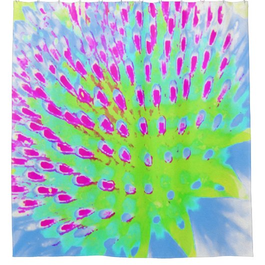 ライムグリーンと紫の抽象芸術円錐花 シャワーカーテン (正面)