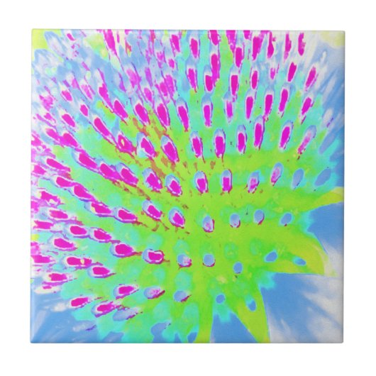 ライムグリーンと紫の抽象芸術円錐花 タイル (正面)