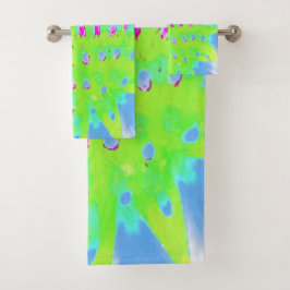 ライムグリーンと紫の抽象芸術円錐花 バスタオルセット