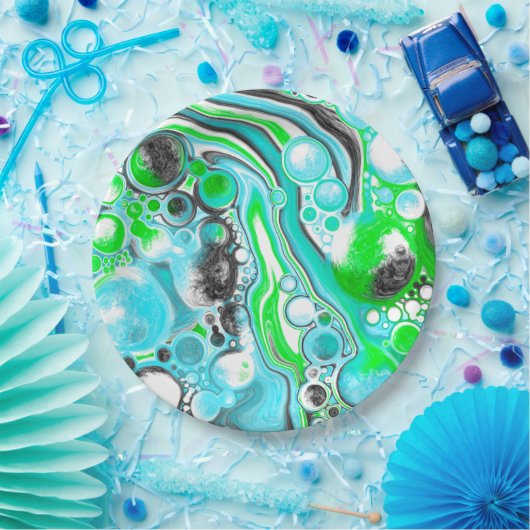 ライムグリーンと青の大理石のような渦巻き状の泡 ペーパープレート (パーティー)