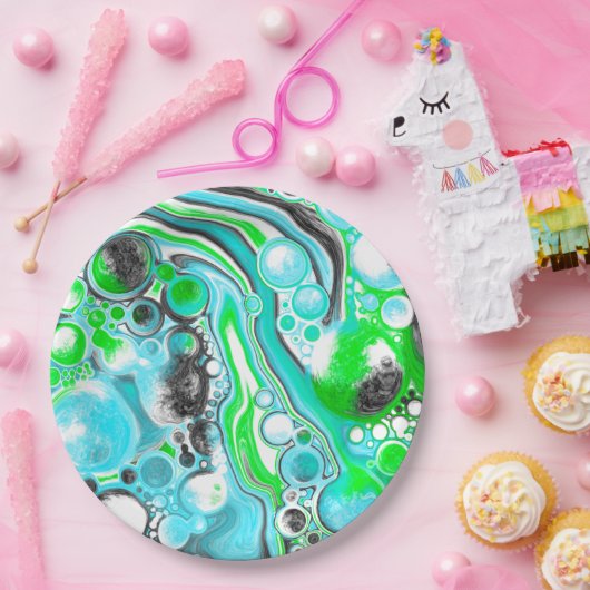 ライムグリーンと青の大理石のような渦巻き状の泡 ペーパープレート (パーティー)