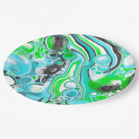 ライムグリーンと青の大理石のような渦巻き状の泡 ペーパープレート (アングル)