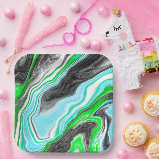 ライムグリーンと青の大理石のような渦巻き ペーパープレート (パーティー)