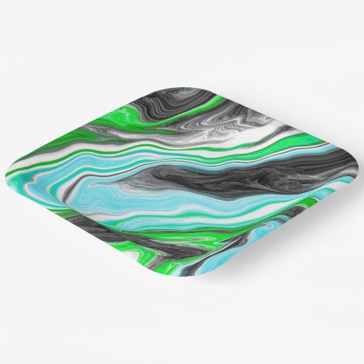 ライムグリーンと青の大理石のような渦巻き ペーパープレート (傾斜あり)