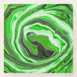 ライムグリーンと黒の大理石のような渦巻き流体アート ガラスコースター