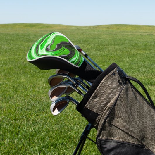 ライムグリーンと黒の大理石のような渦巻き流体アート ゴルフヘッドカバー (インサイチュ)