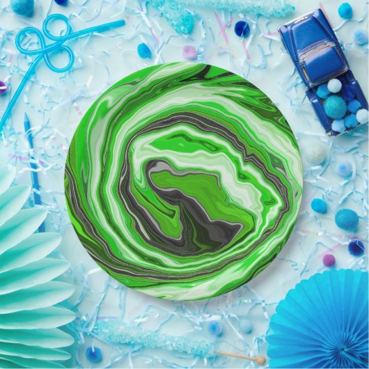 ライムグリーンと黒の大理石のような渦巻き流体アート ペーパープレート (パーティー)