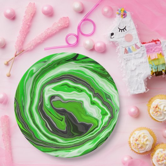 ライムグリーンと黒の大理石のような渦巻き流体アート ペーパープレート (パーティー)