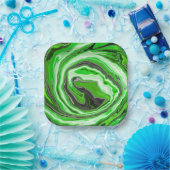 ライムグリーンと黒の大理石のような渦巻き流体アート ペーパープレート (パーティー)