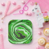 ライムグリーンと黒の大理石のような渦巻き流体アート ペーパープレート (パーティー)