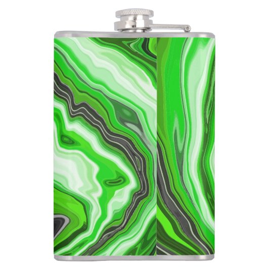 ライムグリーンと黒の大理石の渦巻き流体アート フラスク (裏面)