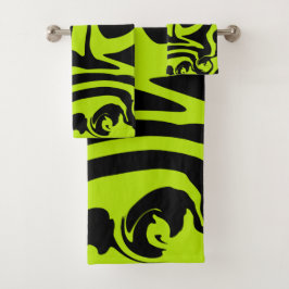 ライムグリーンと黒レトロ大理石旋回 バスタオルセット